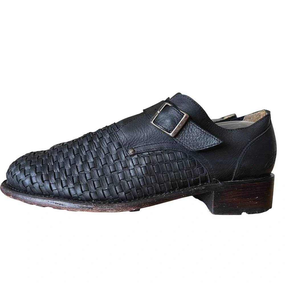 John Fluevog Ayn Black Woven Leather Monk Strap Shoes Low Block Heel Womens 10W